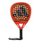 The ADIDAS Cross It Padel Racket - Red, from adidas, features an eye-catching red and black design with the innovative Spin Blade Mold that boosts power and spin. Its stylish textured pattern includes multiple holes, complemented by a prominent black logo on the face. For secure play, the handle is fitted with a black grip and wrist strap.