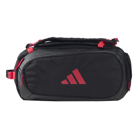 The adidas Tour 3.4 Padel Racket Bag in black features red zippers, straps, and a red logo. It offers thermal insulation—ideal for padel rackets—and is shown against a plain white background.