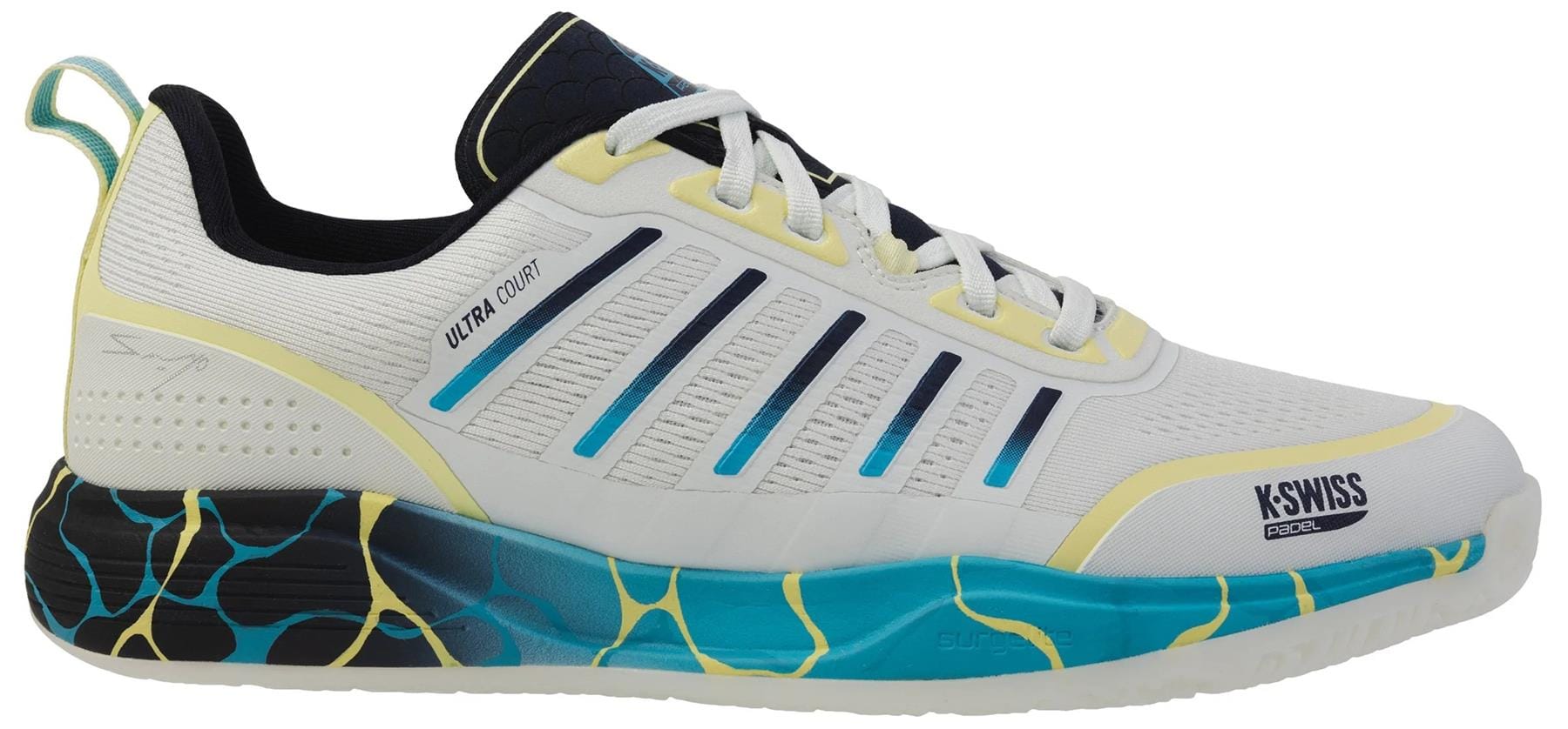 The K-Swiss Ultra Court Men's Padel Shoes in Bit Of Blue, Sanyo Navy, and Sanyo Blue feature a mesh upper, cushioned patterned midsole, multicolor accents, and "Ultra Court" and "K-Swiss" branding for high-performance support.