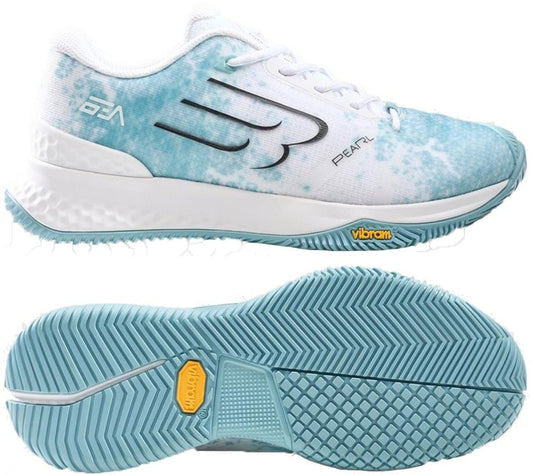 The Bullpadel Pearl Vibram 26V Women's Padel Shoes in sky blue feature a textured Vibram outsole and side "PEARL" branding, shown from the side and bottom—ideal for comfort and grip on the court.