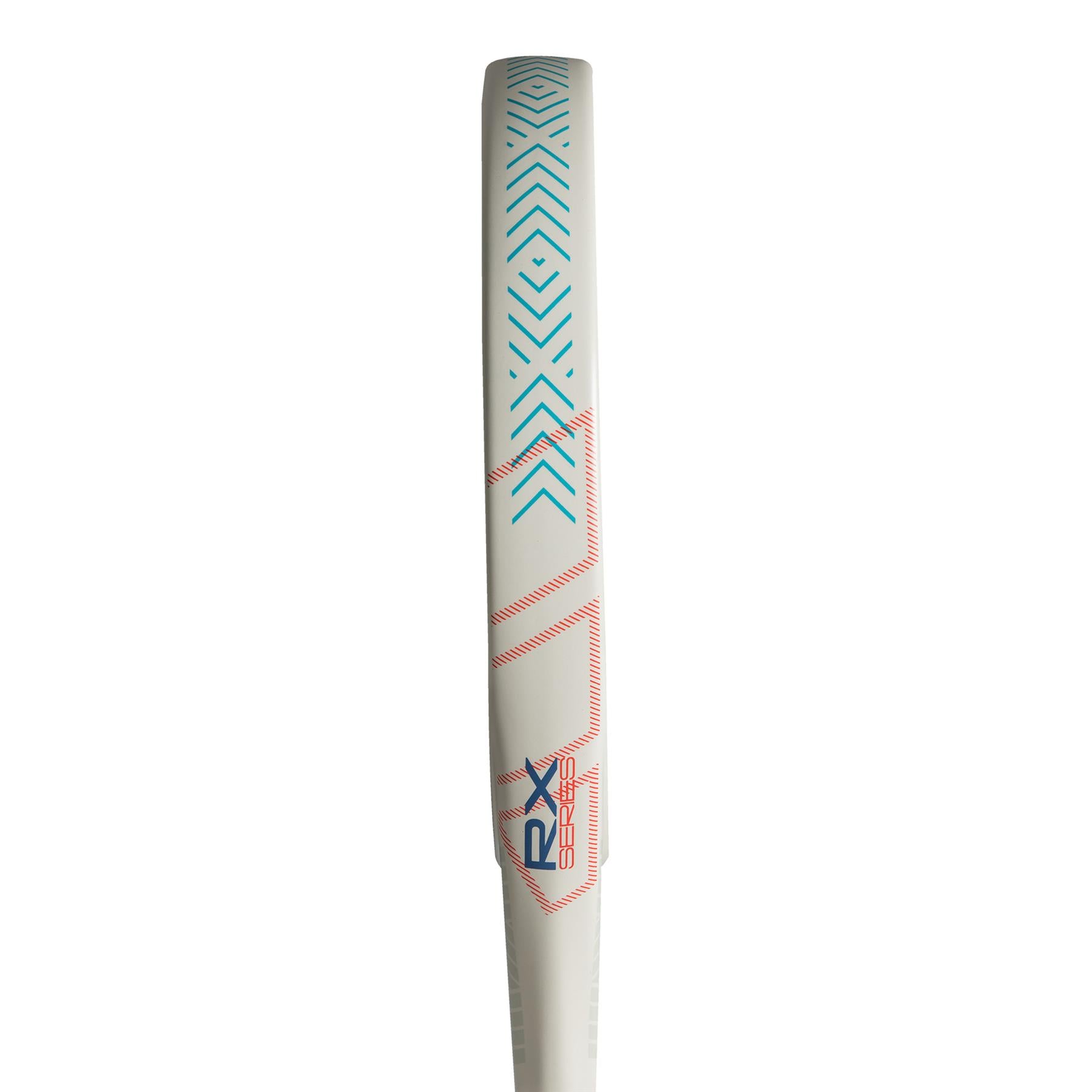 A close-up of the lightweight ADIDAS RX Series Light 3.4 Padel Racket, ideal for intermediate players, showcases its pink geometric design and "ADIDAS RX SERIES" text, offering style and performance on the court.