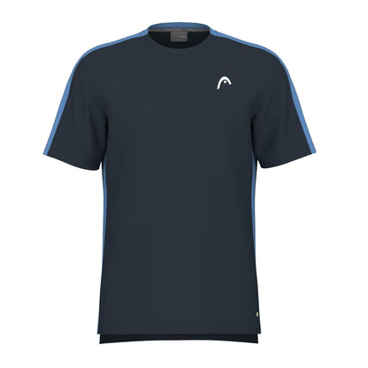 The HEAD Vision Slice Men's Padel T-Shirt in Navy showcases a sleek dark blue design with distinctive light blue stripes on the sleeves and a subtle white logo on the left chest, all while being enhanced by Moisture Transfer Microfiber technology for superior comfort.