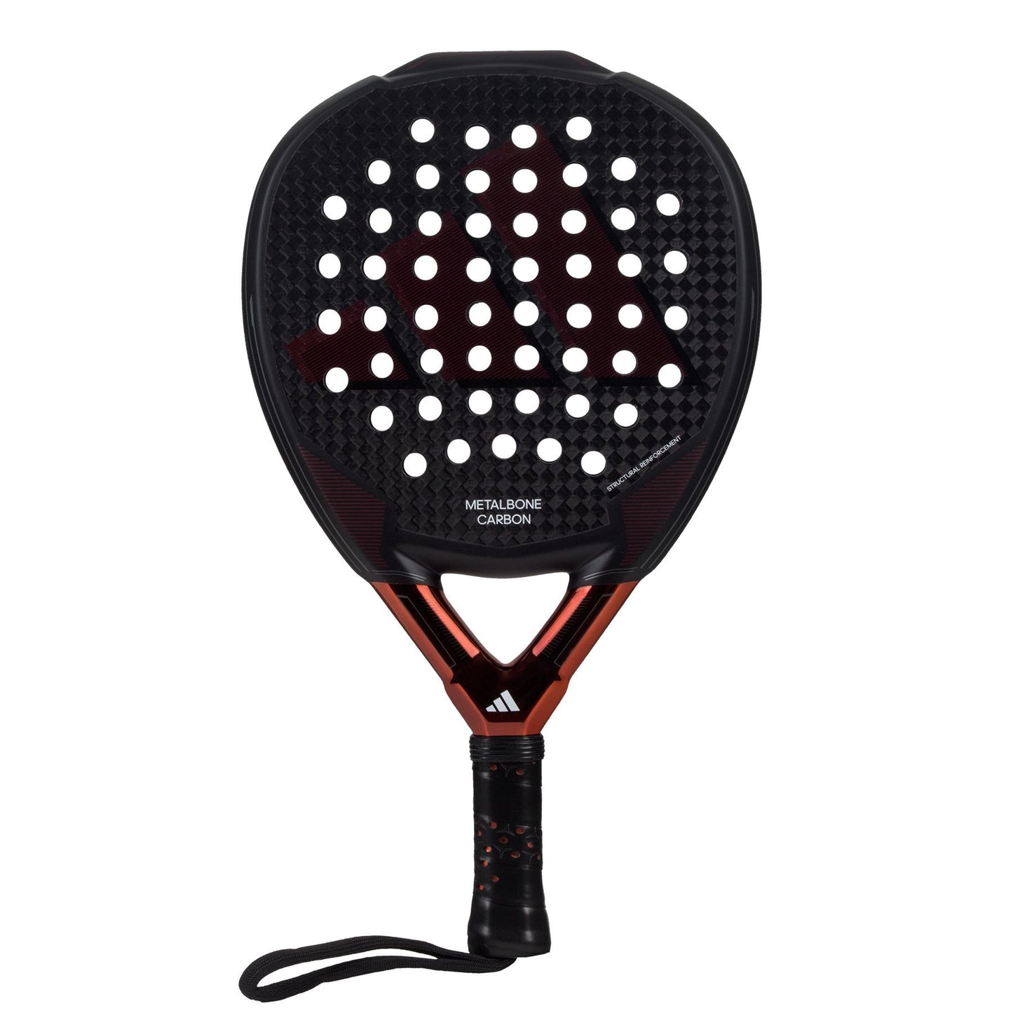 Introducing the stylish ADIDAS Metalbone Carbon 3.3 padel racket in black and copper, featuring a perforated surface for improved aerodynamics. The handle provides a secure grip with its wrist strap, while the design boasts a dot pattern and durable 6K carbon fiber texture for optimal performance.