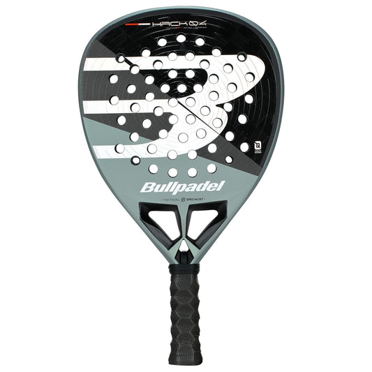 The Bullpadel HACK 04 2026 Padel Racket in black and grey features a perforated face, bold “B” graphic, and black grip handle, delivering dynamic power for every game.