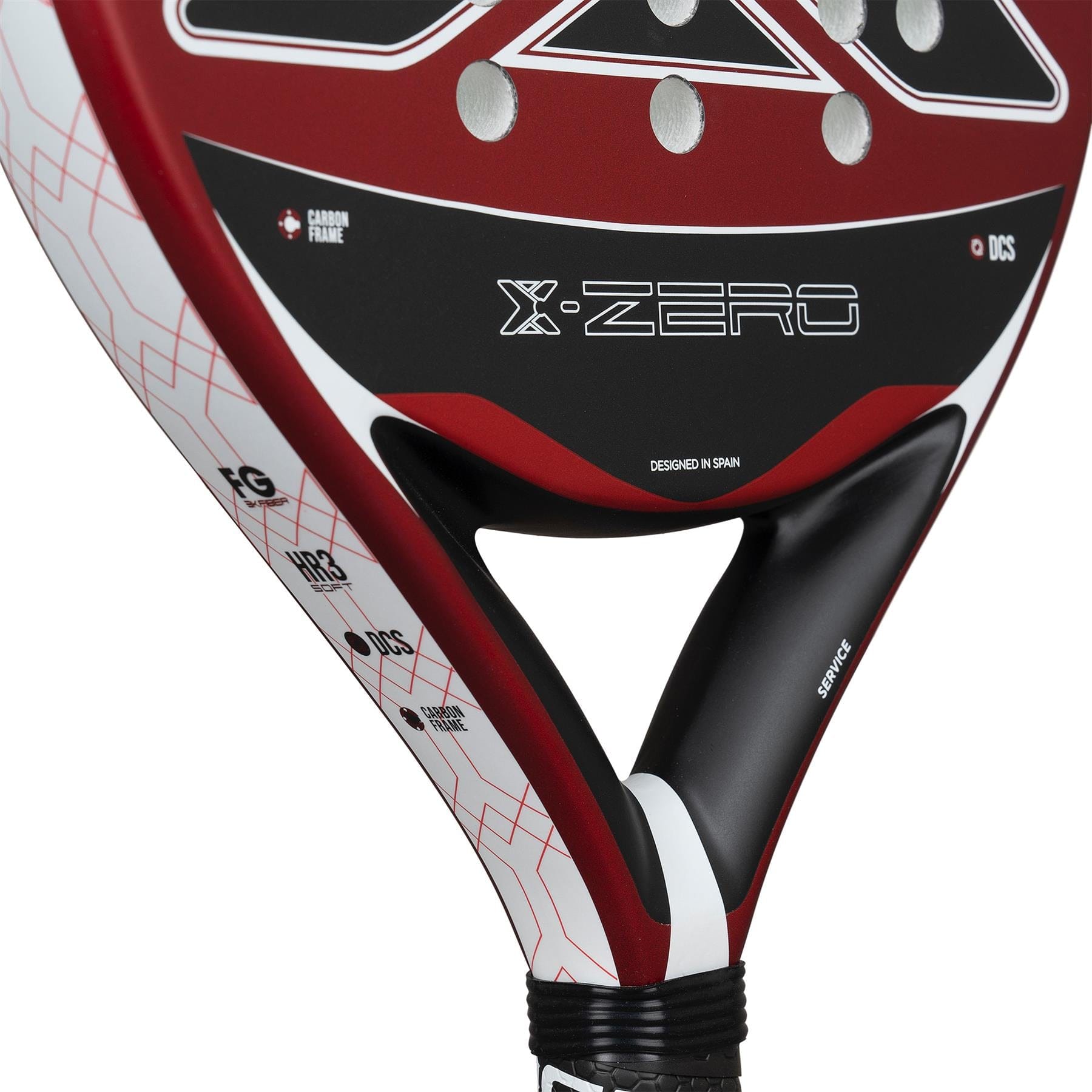 Close-up of the NOX X-Zero Red Padel Racket by NOX, a control racket perfect for beginners. It features red, black, and white colors, geometric patterns, a Carbon Frame, and is designed in Spain.