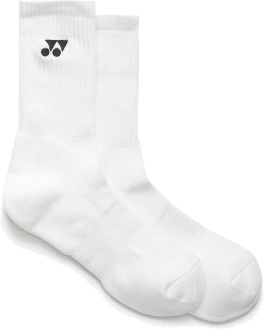 The Yonex 19256EX Sport Crew Padel Socks (3 Pack) in white feature a black Yonex logo near the top. These moisture-wicking socks, shown side by side on a white background, offer athletic comfort and style.