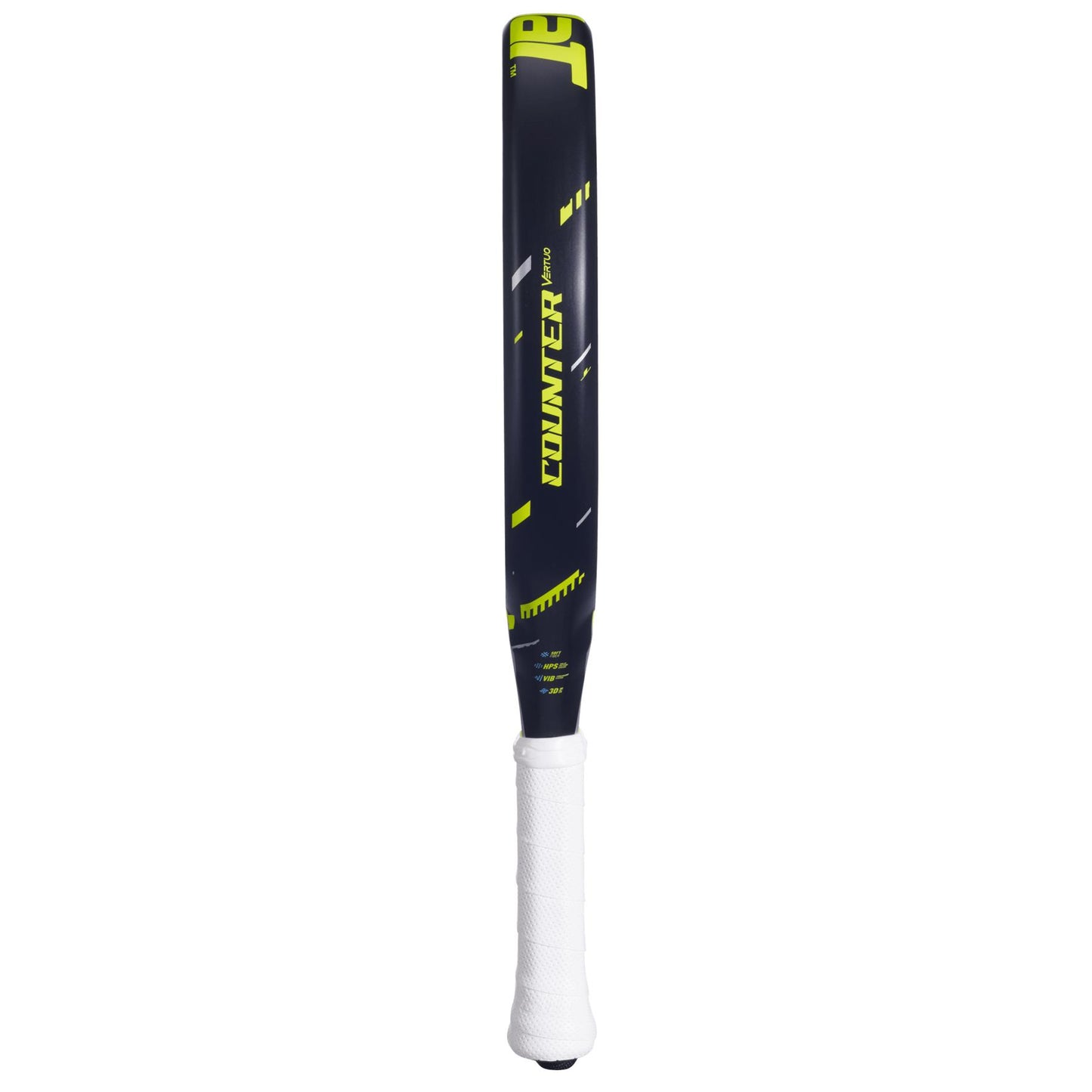 A black and yellow Babolat Counter Vertuo 2.5 padel racket is displayed vertically on a white background, featuring bold yellow accents and a sleek design inspired by professional standards.