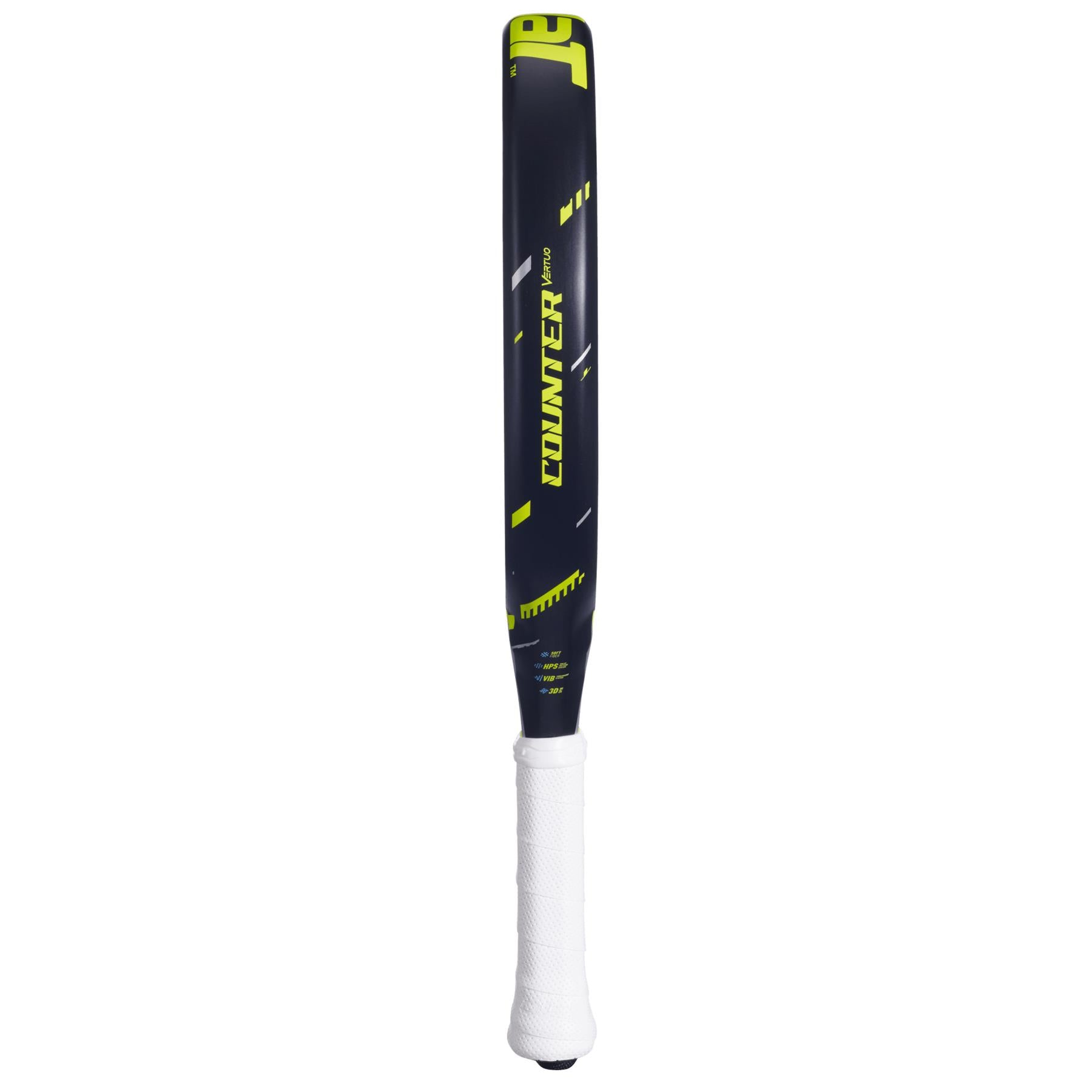A black and yellow Babolat Counter Vertuo 2.5 padel racket is displayed vertically on a white background, featuring bold yellow accents and a sleek design inspired by professional standards.