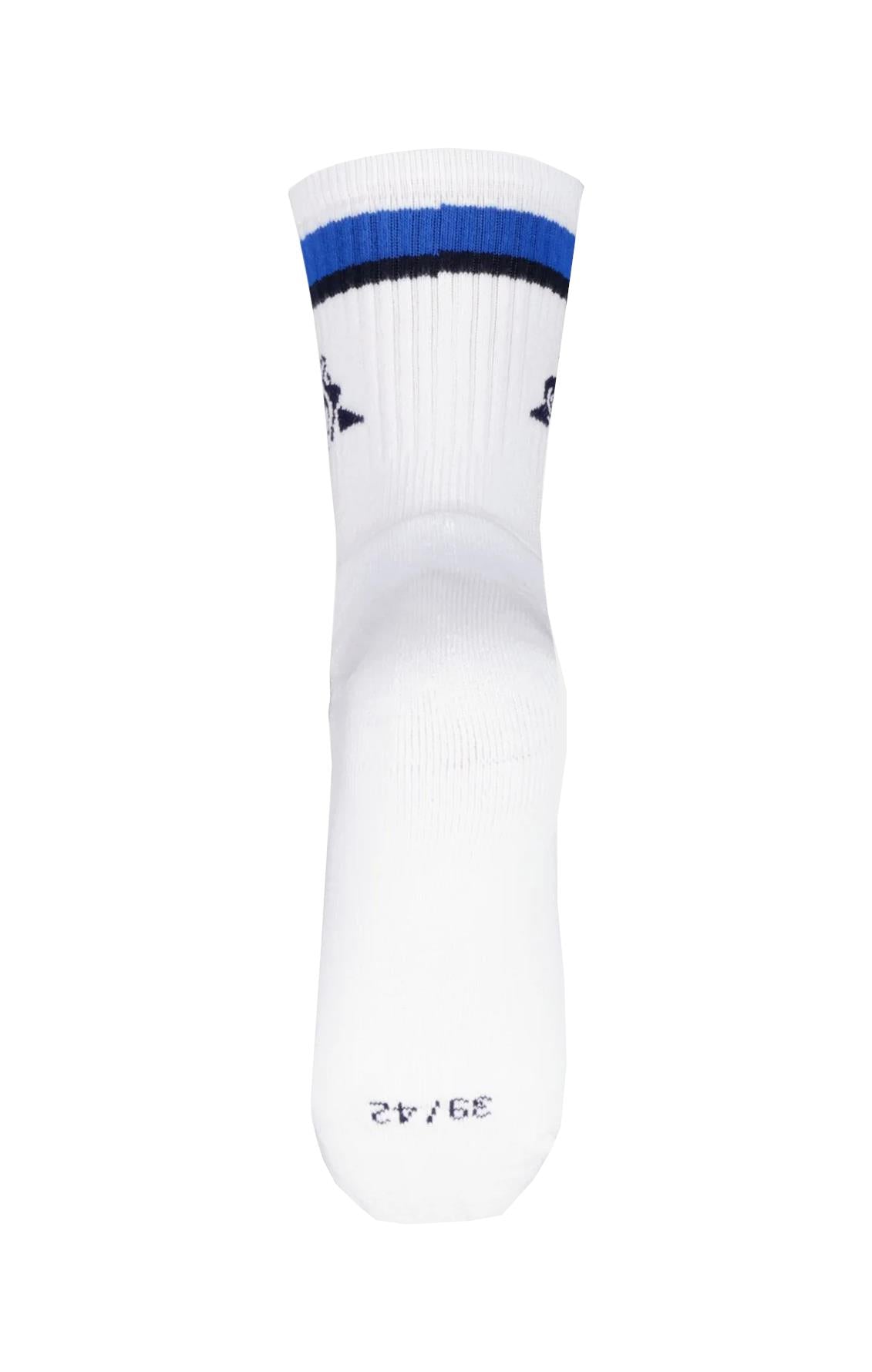 The Le Coq Sportif Sports Socks - Lapis Blue by Le Coq Sportif are white with blue and black stripes near the cuff, showcasing a small design on the side. Crafted for ultimate comfort, these socks ensure your feet remain at ease. The size marking "39-42" is displayed on the bottom of the sock.