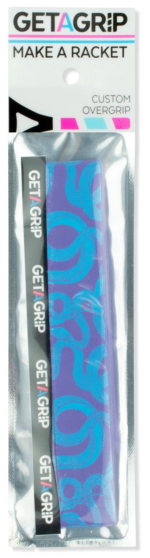 The Get a Grip Padel Overgrip - Hydra by Get A Grip is a blue and purple grip labeled "GET A GRIP" with the tagline "MAKE A RACKET" and "Custom Overgrip" text, designed for optimal moisture absorption in silver and clear packaging.