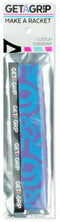 The Get a Grip Padel Overgrip - Hydra by Get A Grip is a blue and purple grip labeled "GET A GRIP" with the tagline "MAKE A RACKET" and "Custom Overgrip" text, designed for optimal moisture absorption in silver and clear packaging.