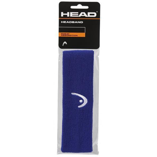 A blue HEAD Padel Headband, packaged in clear wrapping that showcases its outstanding sweat absorption and elasticity, featuring the well-known brand "HEAD.