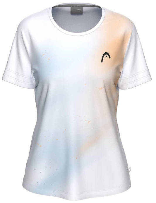 The HEAD Tie-Break II Womens Padel T-Shirt - APXW by HEAD is a white, moisture-wicking short-sleeve shirt featuring a light blue and pale orange gradient design with a small black logo on the left chest, shown against a plain white background.