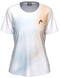 The HEAD Tie-Break II Womens Padel T-Shirt - APXW by HEAD is a white, moisture-wicking short-sleeve shirt featuring a light blue and pale orange gradient design with a small black logo on the left chest, shown against a plain white background.