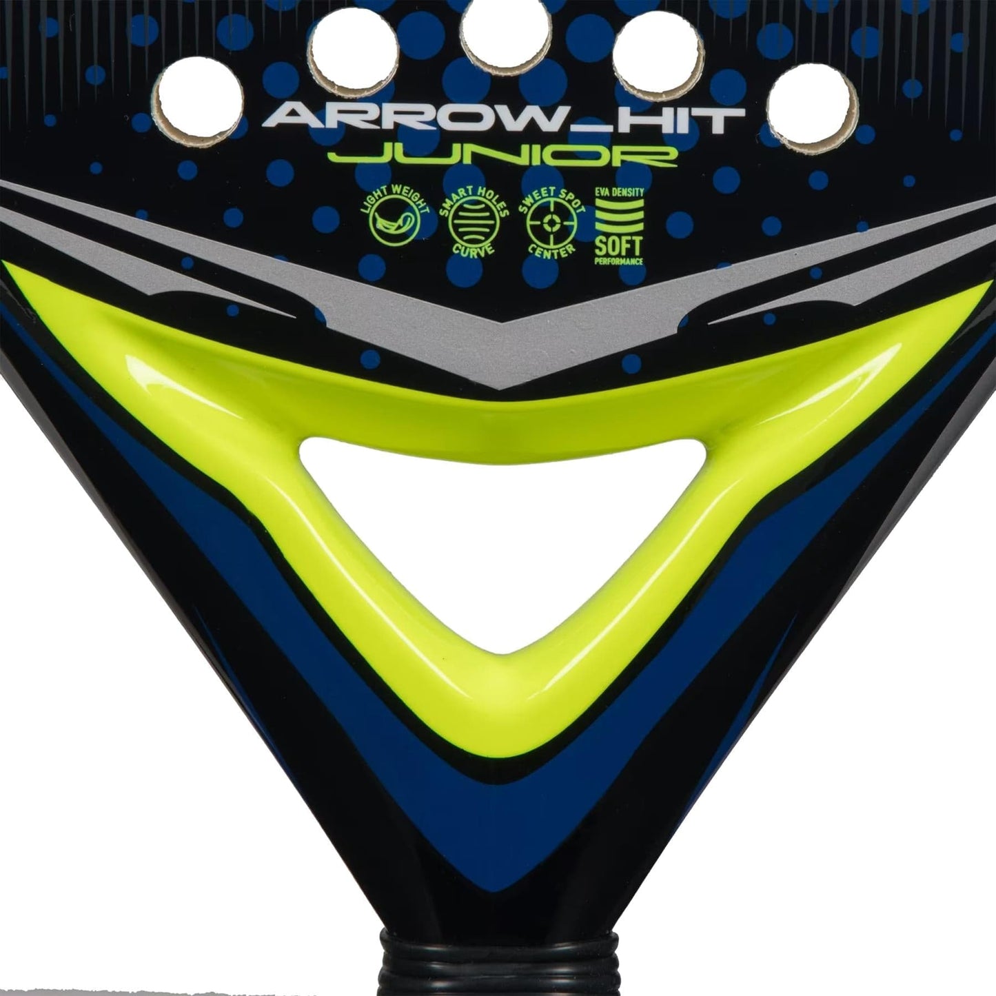 Close-up of the adidas Arrow Hit Junior White / Blue Padel Racket, a lightweight junior racket featuring the adidas logo, model details, soft touch design, and a distinctive triangular cutout in the center.