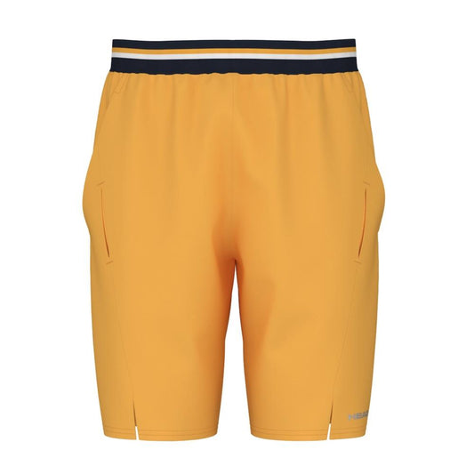 Discover unparalleled comfort with the HEAD Performance Men's Padel Shorts in Banana. These yellow shorts boast a stylish black and white striped waistband and are designed with 4-way stretch fabric for optimum flexibility. They also feature convenient side pockets and small slits at the bottom sides for enhanced versatility.