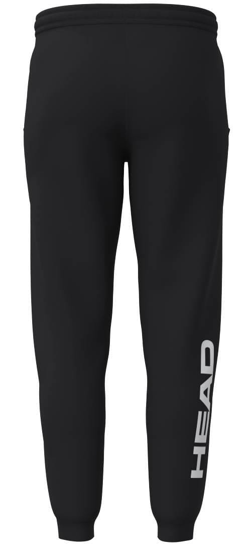 Back view of HEAD Club Original Mens Padel Pants - Black by HEAD, showing a vertical white "HEAD" logo on the lower right leg. Made from French terry with cuffed ankles, these pants offer a simple yet sporty premium look.