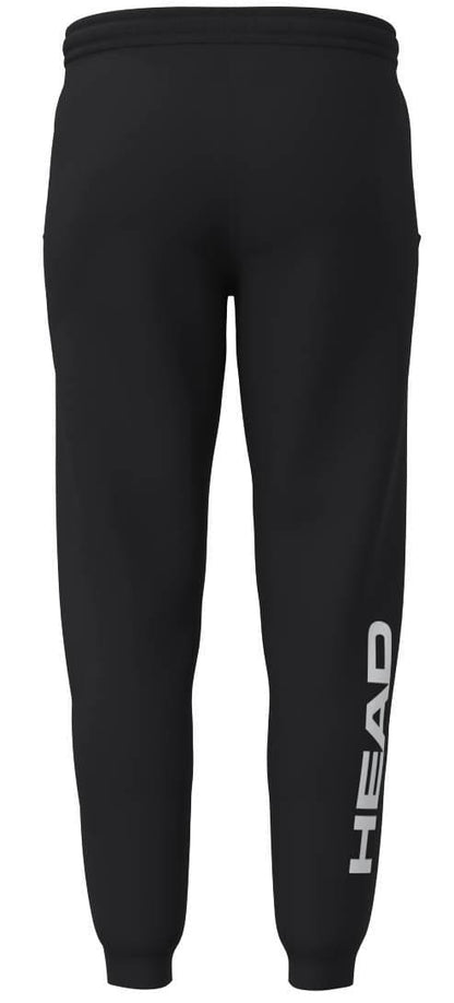 Back view of HEAD Club Original Mens Padel Pants - Black by HEAD, showing a vertical white "HEAD" logo on the lower right leg. Made from French terry with cuffed ankles, these pants offer a simple yet sporty premium look.