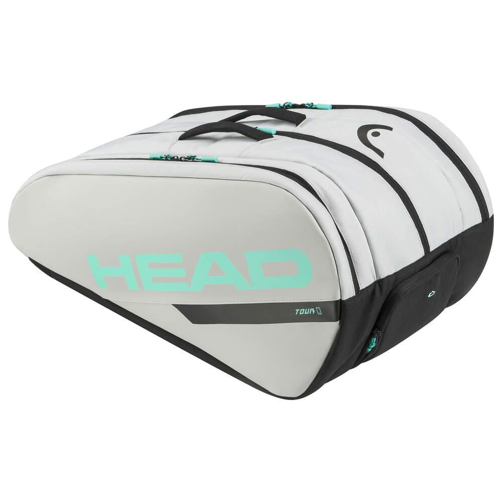 The HEAD Tour Padel Bag L - CCTE sports a white, black, and turquoise design with prominent branding. This elongated bag features a backpack carry system, includes a shoulder strap, holds rackets and equipment, and protects gear with its CCT+ climate control.