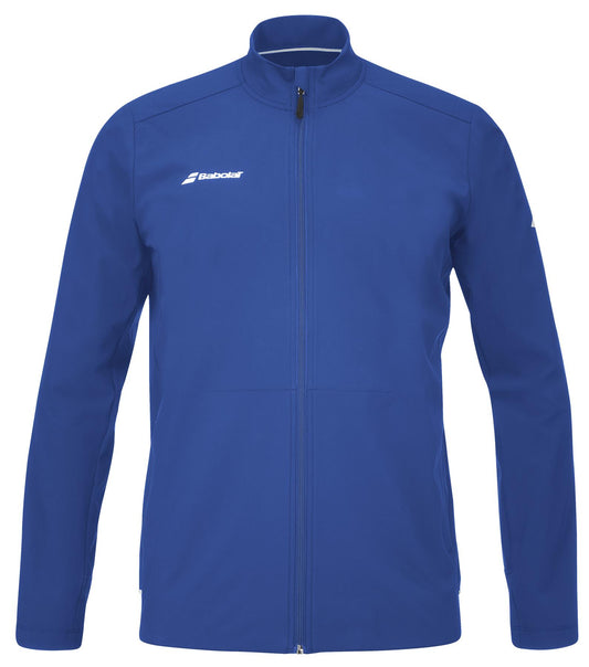 The Babolat Play Men's Padel Jacket in Sodalite Blue is a stylish piece crafted from recycled polyester. This zip-up features a high collar, long sleeves, and the Babolat logo on the left chest. Its simple, streamlined design is enhanced with Fiber Dry technology, making it ideal for both sports and casual wear.