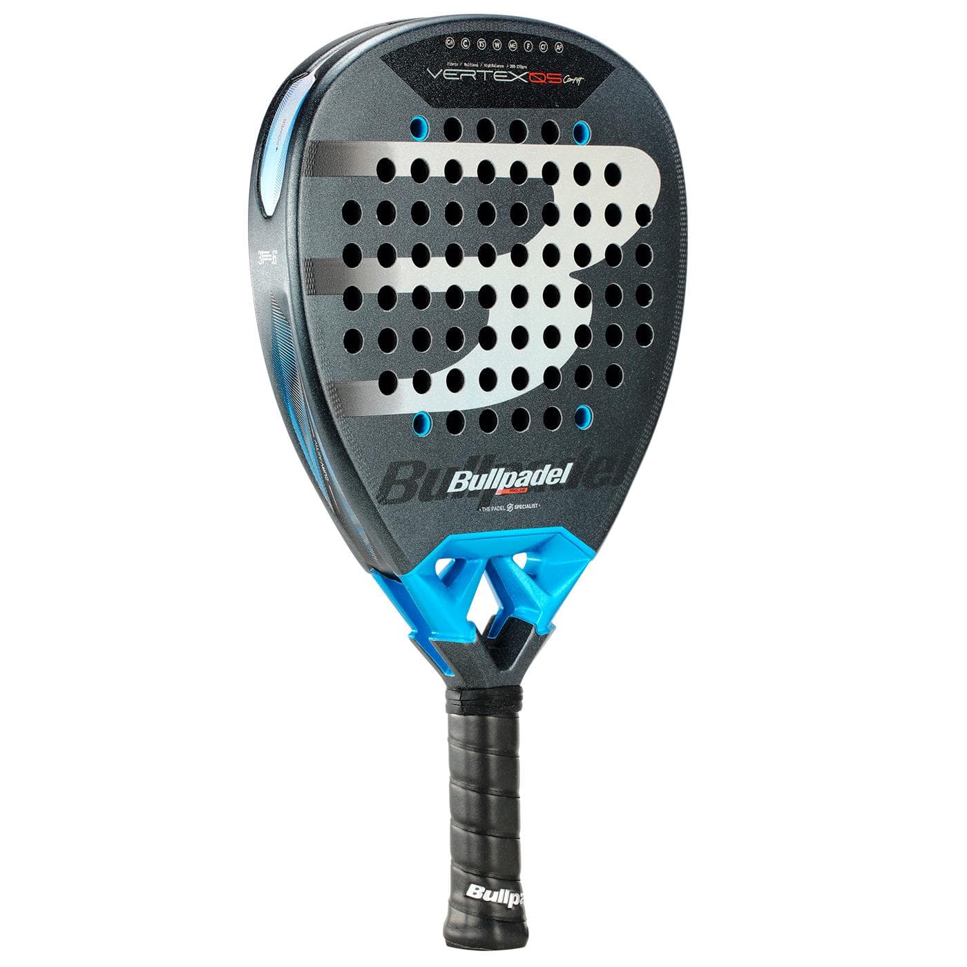The Bullpadel Vertex 05 Comfort 2026 Padel Racket in black and blue features a teardrop shape, large white "B" logo, perforated surface for airflow, black grip, and durable Fibrix fibre for enhanced playability.