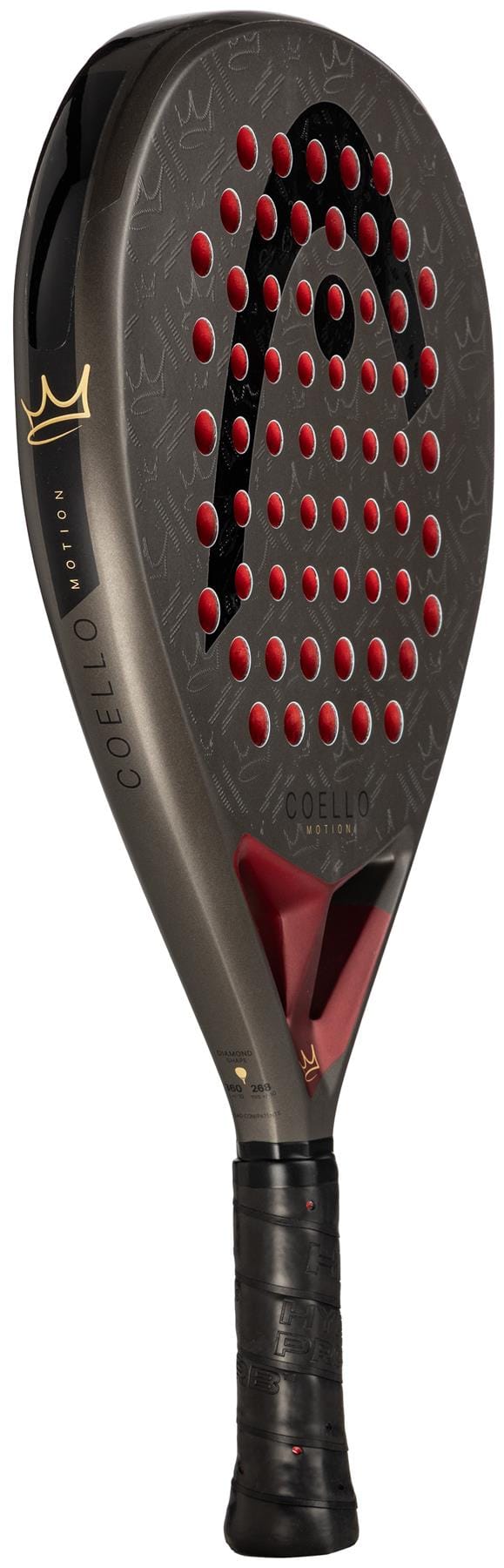 The HEAD Coello Motion 2026 Padel Racket features a black and red design, "Coello" on the side, a perforated diamond-shaped face, and a textured black handle inspired by Arturo Coello.