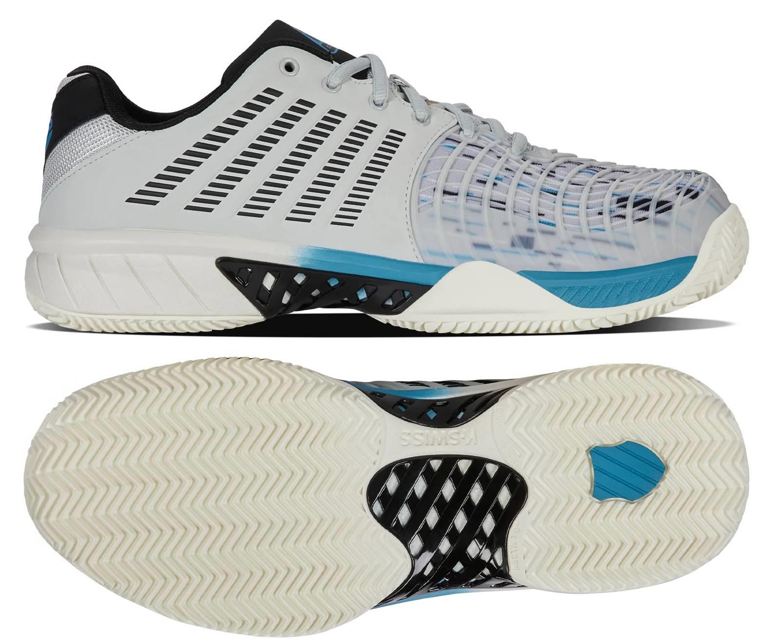 K-Swiss Express Light 3 Men’s Padel Shoes in Dawn Blue/Blue Moon/Black feature a white and blue scheme with black striped patterns, DuraWrap Flex technology, and an HB Outsole for excellent grip. Side and sole views are highlighted for detailed inspection.