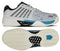 K-Swiss Express Light 3 Men’s Padel Shoes in Dawn Blue/Blue Moon/Black feature a white and blue scheme with black striped patterns, DuraWrap Flex technology, and an HB Outsole for excellent grip. Side and sole views are highlighted for detailed inspection.