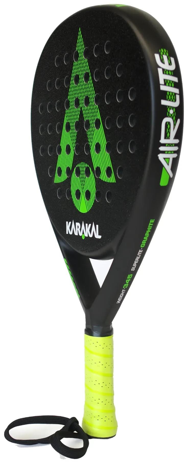 The Karakal Air Lite 345 Green Padel Racket features a black frame with a green geometric design, green grip, and wrist strap. This lightweight Karakal racket delivers excellent control and style for padel players.