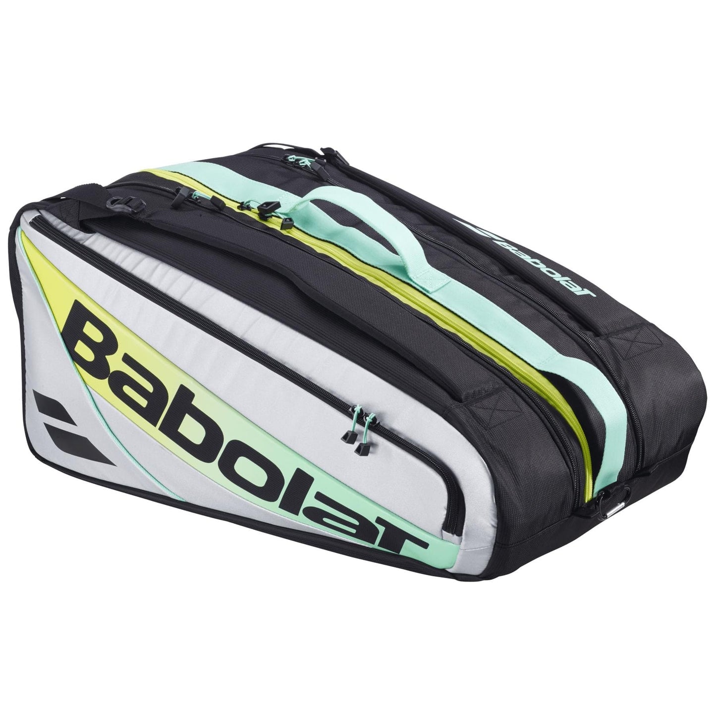 The Babolat RH Pro 4 Racket Padel Bag in Black/Multi features bold Babolat branding, multiple zippered compartments, and a large capacity—ideal for carrying all your padel gear.