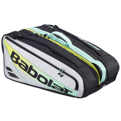 The Babolat RH Pro 4 Racket Padel Bag in Black/Multi features bold Babolat branding, multiple zippered compartments, and a large capacity—ideal for carrying all your padel gear.