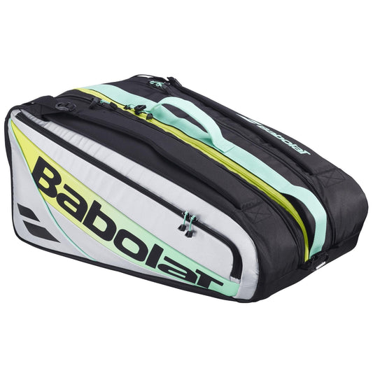 The Babolat RH Pro 4 Racket Padel Bag in Black/Multi features bold Babolat branding, multiple zippered compartments, and a large capacity—ideal for carrying all your padel gear.