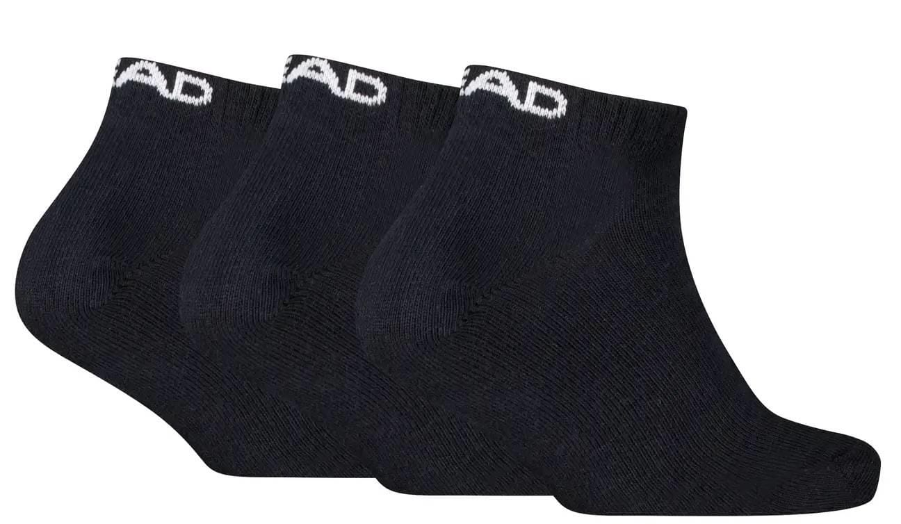 Three pairs of HEAD All Sport Sneaker Padel Socks in black are displayed side by side. Each sock has white HEAD branding at the top, features a cushioned sole, and is set against a white background.