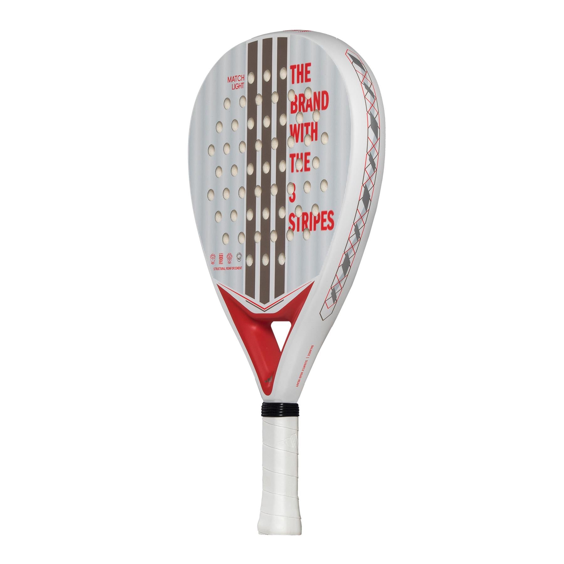 The ADIDAS Match Light 3.4 Padel Racket by adidas is lightweight with a white handle and red accents, ideal for beginners. It features small holes and bold "THE BRAND WITH THE 3 STRIPES" text in red, along with three vertical stripes and a geometric side pattern.