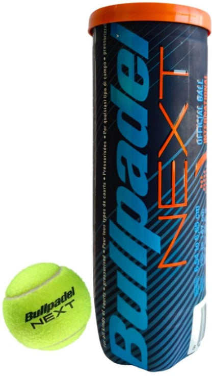 A Bullpadel NEXT Padel Balls - 3 Ball Tube with an orange lid and blue label stands upright beside a single yellow Bullpadel padel ball.