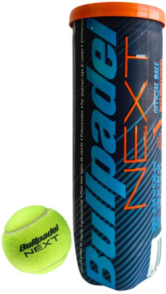A Bullpadel NEXT Padel Balls - 3 Ball Tube with an orange lid and blue label stands upright beside a single yellow Bullpadel padel ball.