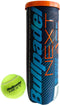 A Bullpadel NEXT Padel Balls - 3 Ball Tube with an orange lid and blue label stands upright beside a single yellow Bullpadel padel ball.