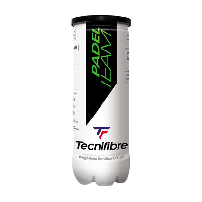 A cylindrical can of Tecnifibre Padel Team Padel Balls - 3 Ball Tube features a sleek white and black design with a green "PADEL TEAM" label like the Padel Tour, topped with the iconic Tecnifibre logo.