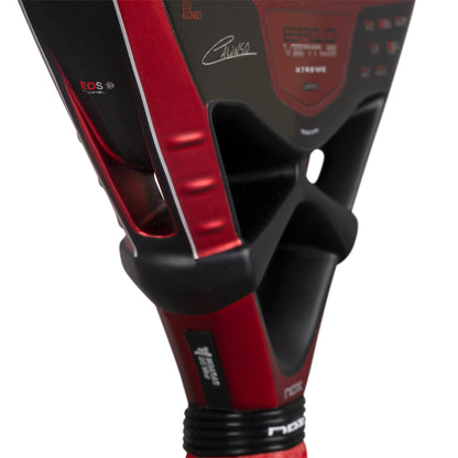 Close-up of the NOX Luxury EA10 Ventus Hybrid 12K XTREM By Edu Alonso 2026 Padel Racket, showing its red and black design, carbon 12K construction, branding, model info, textured grip, signatures, and technical details.