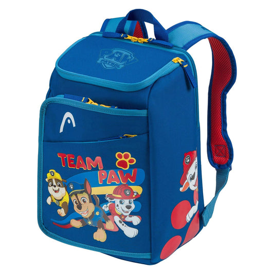 The HEAD x Paw Patrol Kids Tennis Backpack in blue features Paw Patrol characters and "TEAM PAW" on the front pocket, padded shoulder straps, red accents, and a top handle for comfort and easy carrying.
