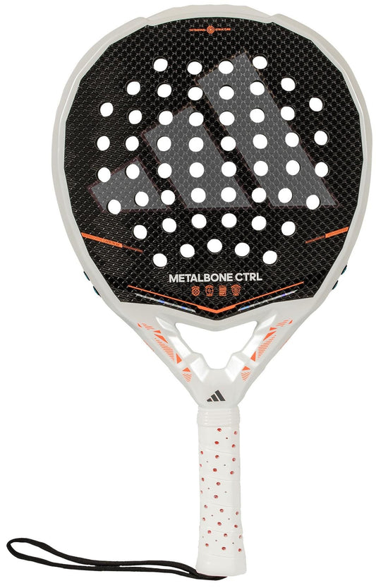 The adidas ADIDAS Metalbone Ctrl 2026 Padel Racket - Black features a black and white design with a honeycomb pattern, circular holes, a white grip with orange dots, wrist strap, and customizable weight system for tailored performance.