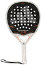 The adidas ADIDAS Metalbone Ctrl 2026 Padel Racket - Black features a black and white design with a honeycomb pattern, circular holes, a white grip with orange dots, wrist strap, and customizable weight system for tailored performance.