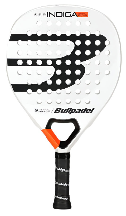 The Bullpadel Indiga Pwr 2025 Padel Racket in white features high-power performance with black and orange accents. It includes perforations and "INDIGA" branding, while its handle boasts a black grip tape emblazoned with the Bullpadel name.