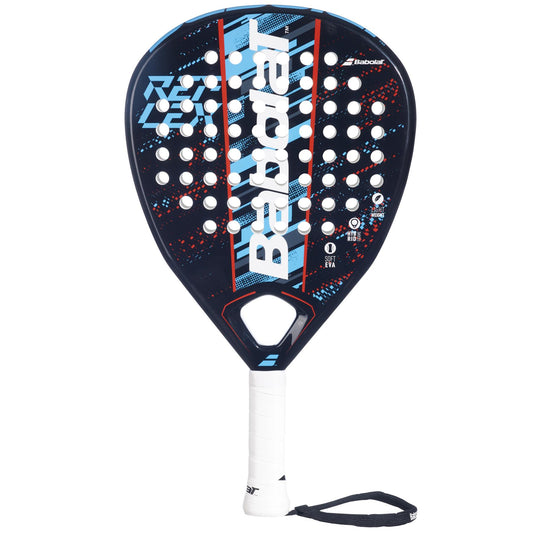 The Babolat Reflex Padel Racket - Black / Blue showcases a sleek carbon fiber composite design in black and blue, highlighted by striking red accents. It features a distinctive diamond-shaped head, prominently displays the classic Babolat logo on both the face and handle, and includes a reliable wrist strap for added security.