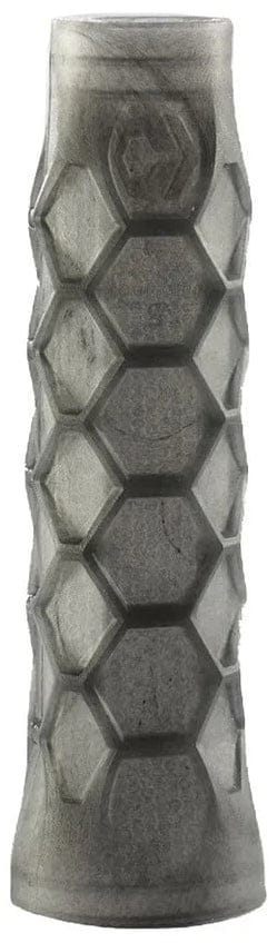 A black, cylindrical Bullpadel Hesacore Tour Carbon Padel Grip with a hexagonal honeycomb texture, slightly flared at both ends for anti-vibration and improved comfort.