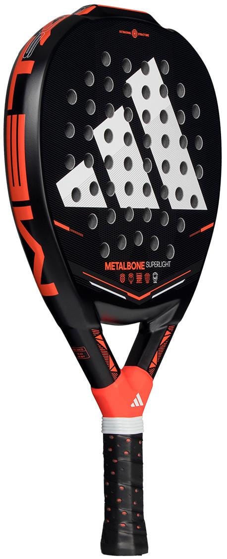 The adidas Metalbone Superlight 2026 Padel Racket in black and red offers lightweight performance, with white adidas branding on the face, throat, and grip—ideal for players seeking speed and agility.