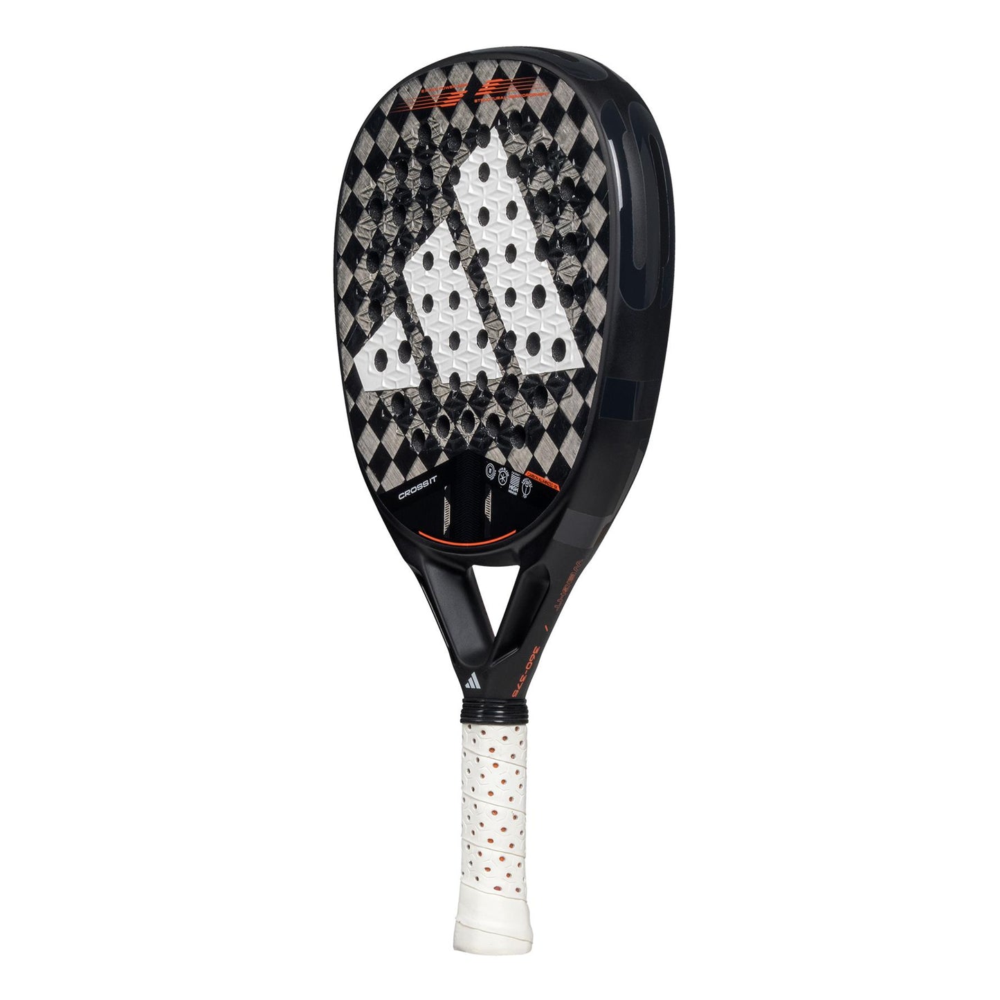 The ADIDAS Cross It 3.4 Padel Racket by adidas features a sleek black and grey design and an oversized diamond head for precision. Its Carbon 15K frame adds a modern edge, complemented by a white grip with small red dots.