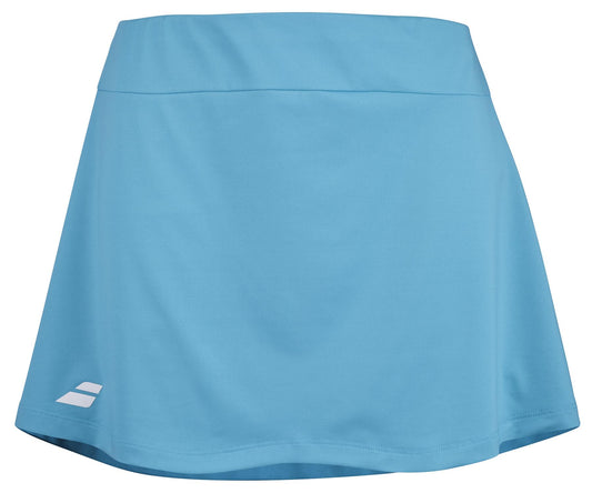 The Babolat Play Women's Padel Skirt in cyan blue features a straight waistband and a subtle white logo on the lower left. It is designed with Fiber Dry technology for comfort, and its smooth, minimalist design supports 360 Motion for optimal athletic performance.