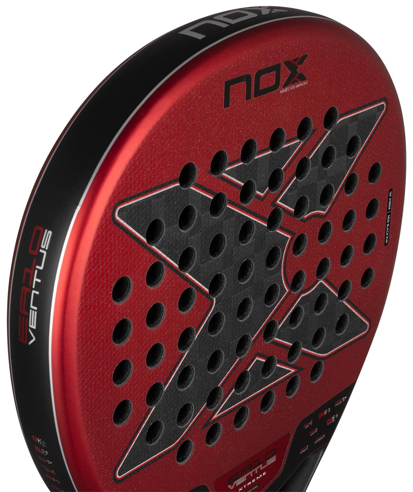 Close-up of the NOX Luxury EA10 Ventus Hybrid 12K XTREM By Edu Alonso 2026 padel racket, showing its red and black carbon 12K build, textured surface, round shape, perforated holes, and prominent NOX branding.