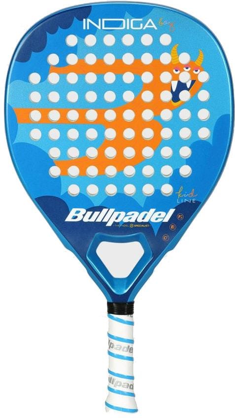 The Bullpadel INDIGA Junior Boys 2026 padel racket for kids features a blue design with an orange cartoon dragon (horns and wings) on a wavy blue background with white dots. Brand: Bullpadel.